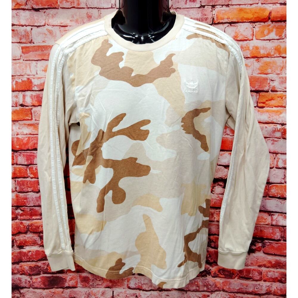adidas Shirt Mens Medium Beige Camouflage 3 Stripes Long Sleeve Crew Neck Tee